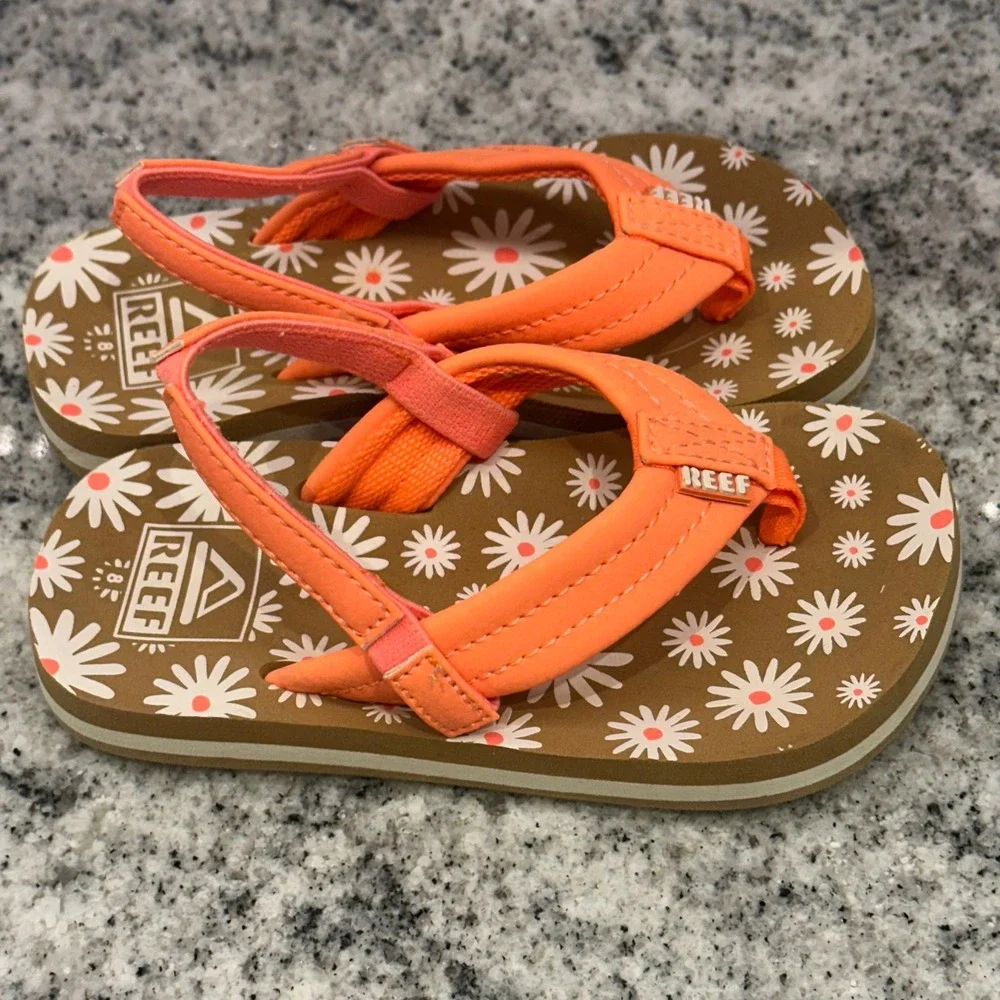 Reef Toddler 8 Sandals Orange Daisy Floral Ahi Flip Flops Elastic Backstrap Boho
